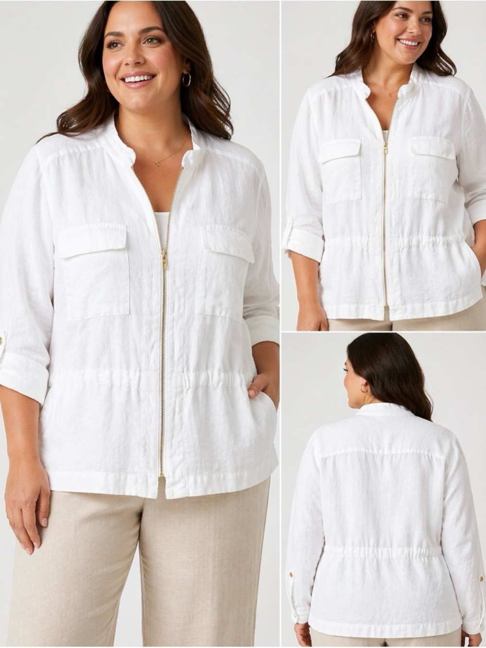 Ellen Tracy White 100% Linen Zip Up Utility Blouse Jacket Roll Tab Sleeves 1X-2X